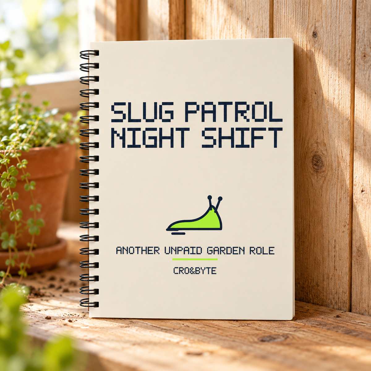 Slug Patrol Night Shift — Cream notebook, individual realistic product photograph