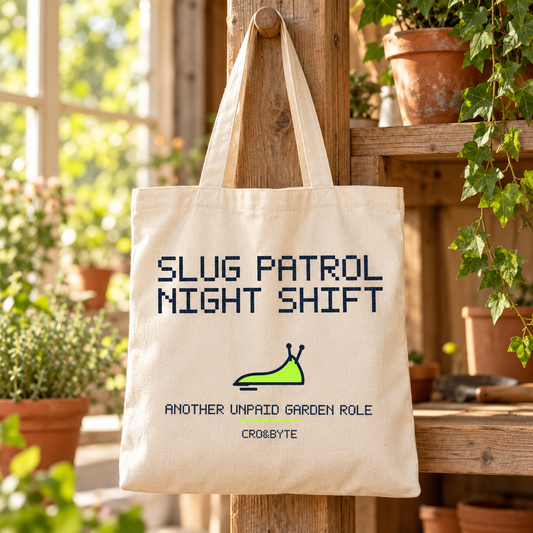 Slug Patrol Night Shift — Cream tote, individual realistic product photograph