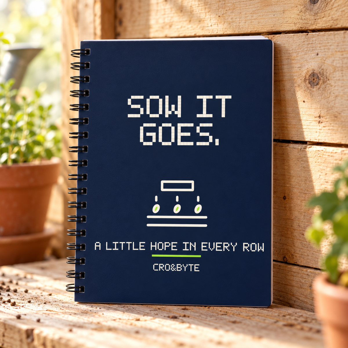 Sow It Goes — Navy notebook, individual realistic product photograph
