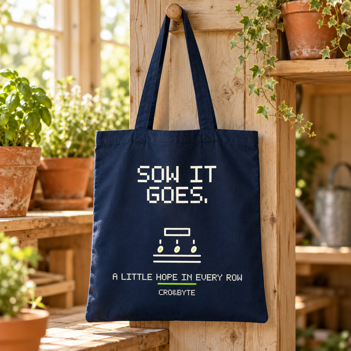 Sow It Goes — Navy tote, individual realistic product photograph