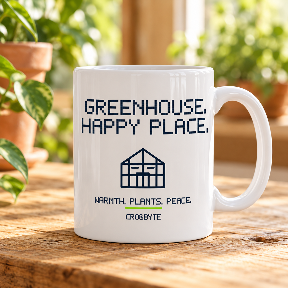 Greenhouse Happy Place — White mug, individual realistic product photograph
