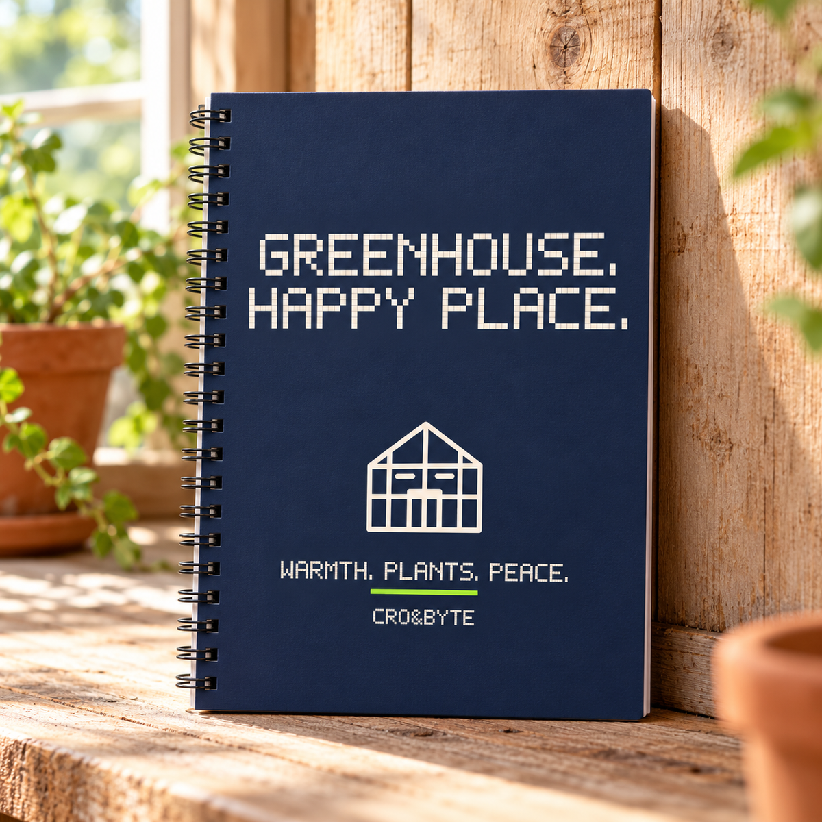 Greenhouse Happy Place — Navy notebook, individual realistic product photograph