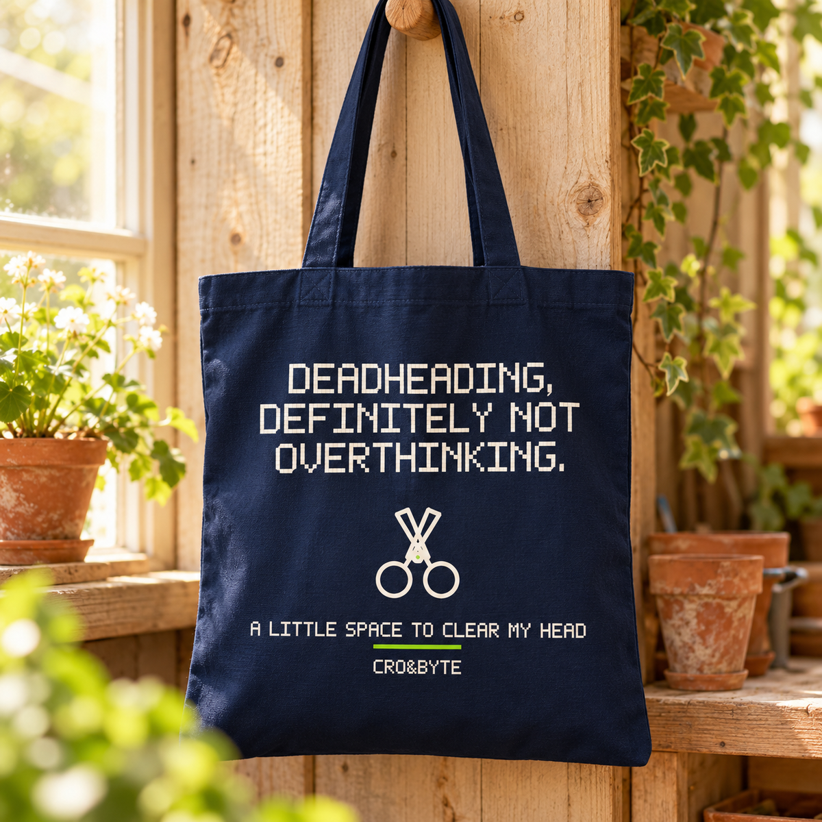 Deadheading Not Overthinking — Navy tote, individual realistic product photograph