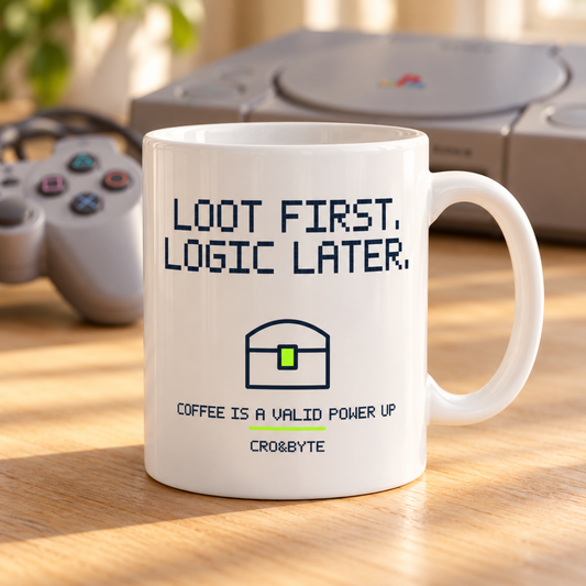 Loot First Logic Later — Mug — White individual lifestyle photo