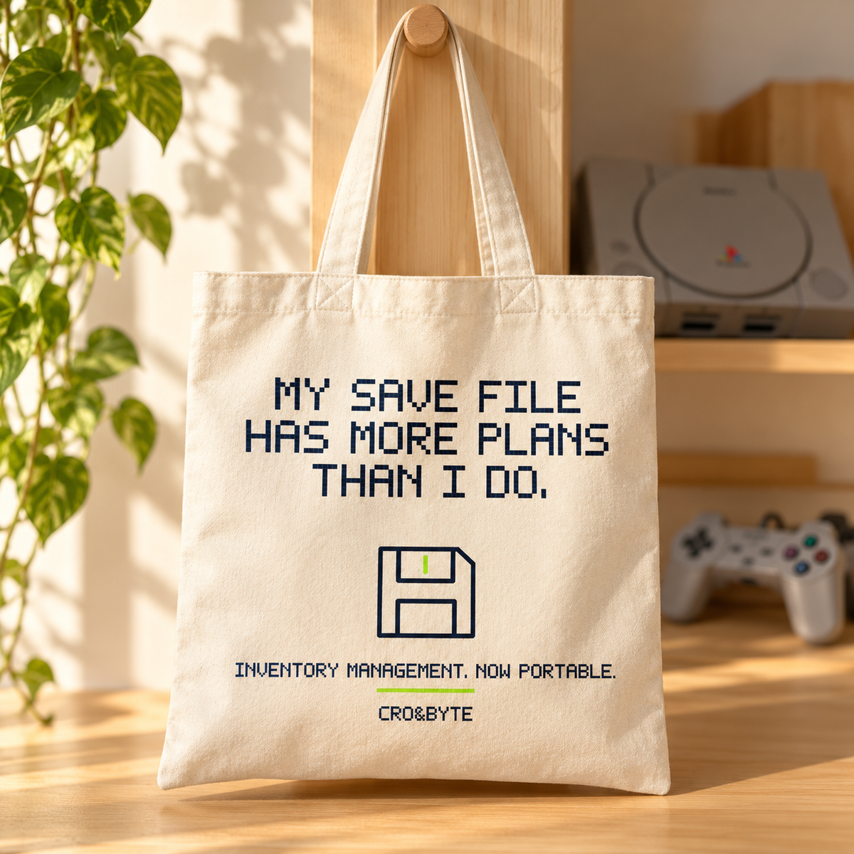 My Save File Has More Plans — Tote Bag — Cream individual lifestyle photo