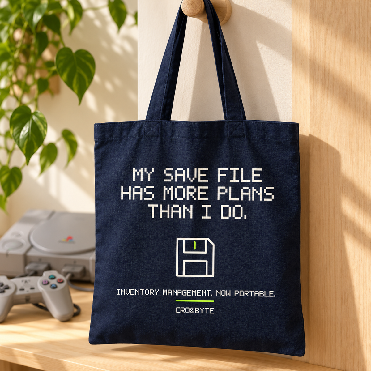 My Save File Has More Plans — Tote Bag — Navy individual lifestyle photo