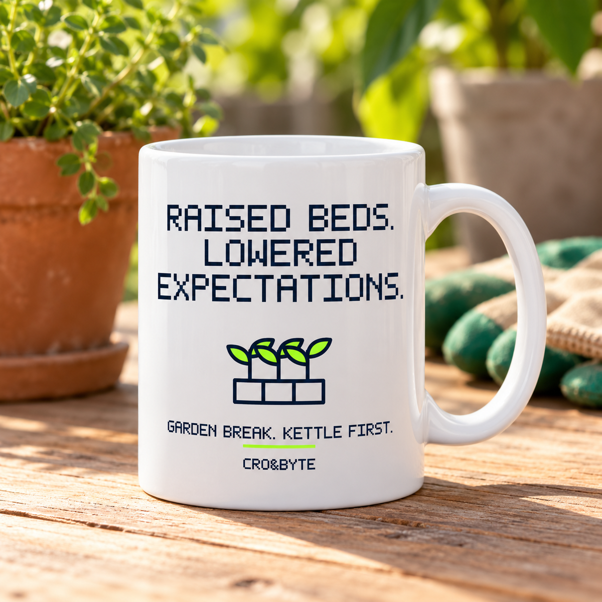 Raised Beds Lowered Expectations — Mug — White individual lifestyle photo