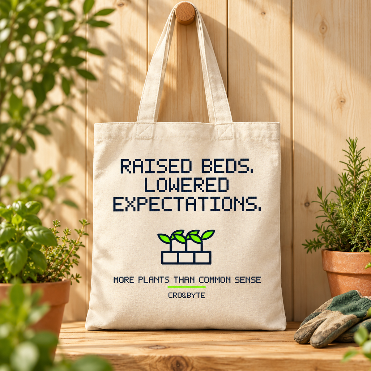 Raised Beds Lowered Expectations — Tote Bag — Cream individual lifestyle photo