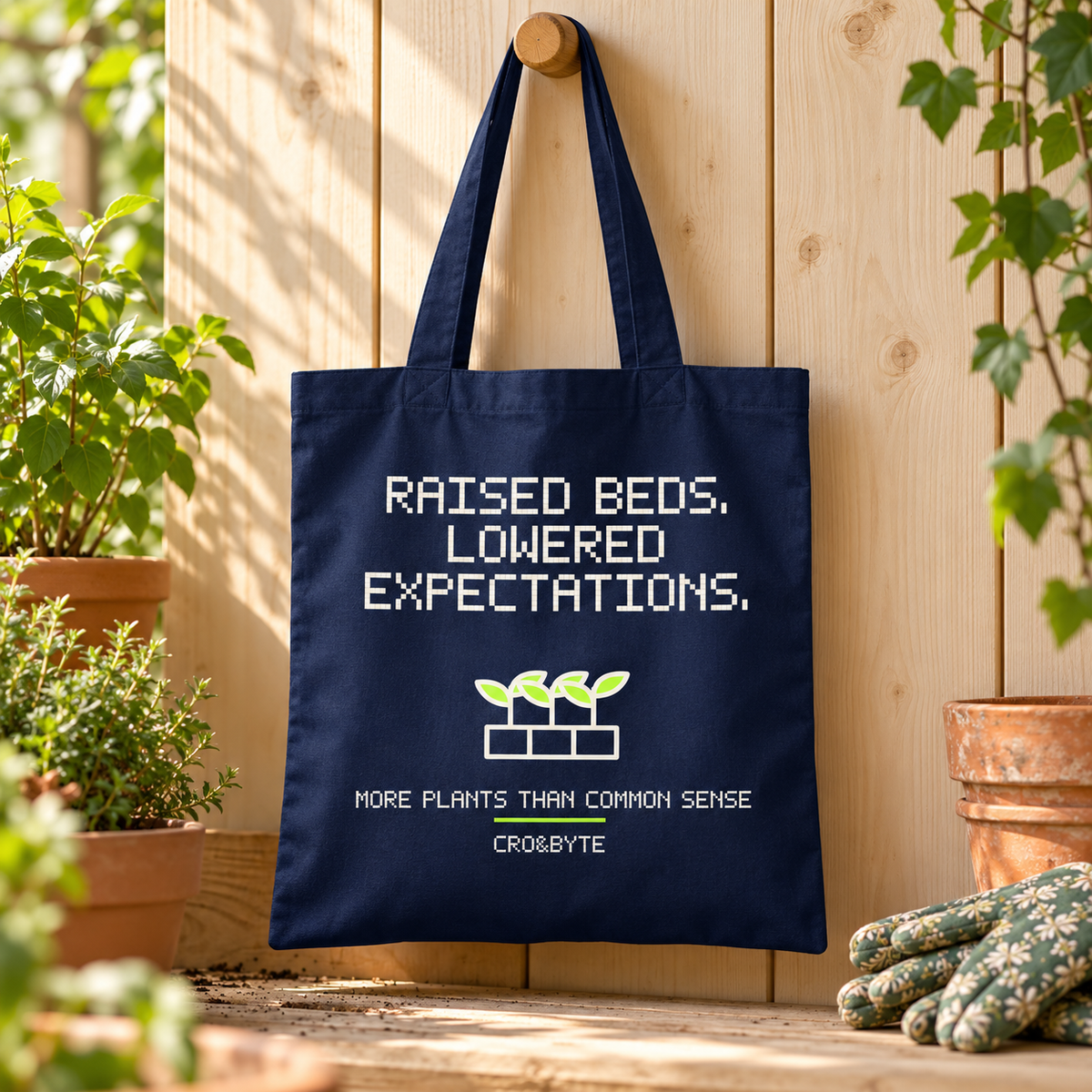 Raised Beds Lowered Expectations — Tote Bag — Navy individual lifestyle photo