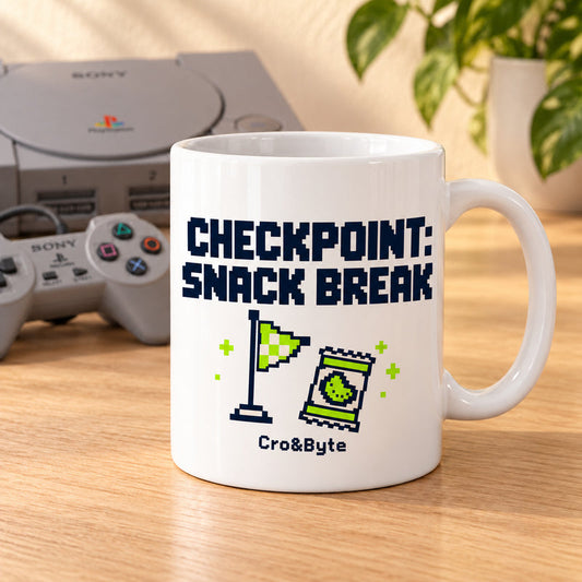 Checkpoint: Snack Break — Mug — styled product photo with matching original PlayStation console and controller