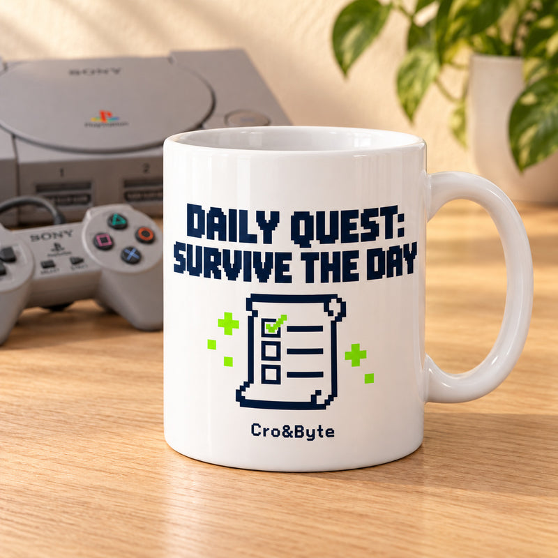 Daily Quest: Survive the Day — Mug — styled product photo with matching original PlayStation console and controller
