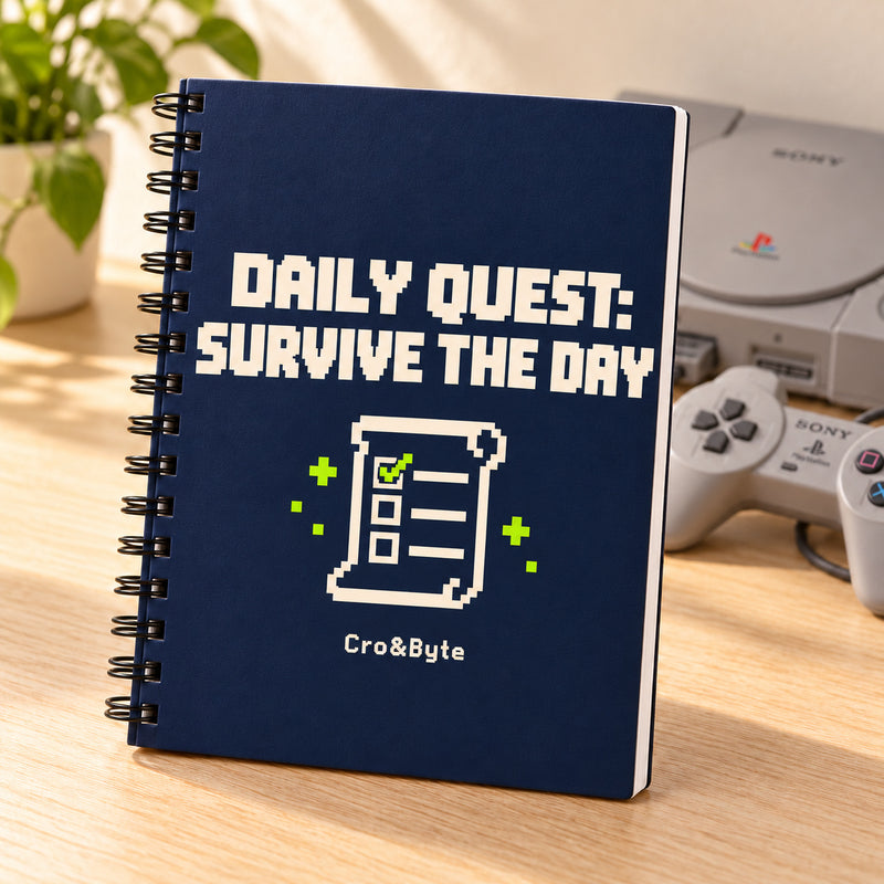 Daily Quest: Survive the Day — Notebook — styled product photo with matching original PlayStation console and controller