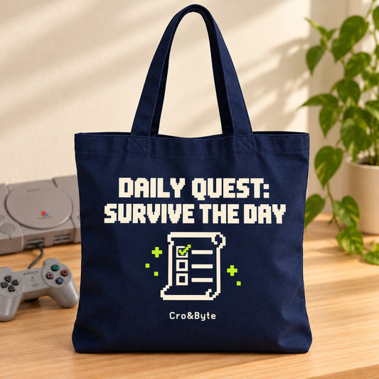 Daily Quest: Survive the Day — Tote Bag — styled product photo with matching original PlayStation console and controller