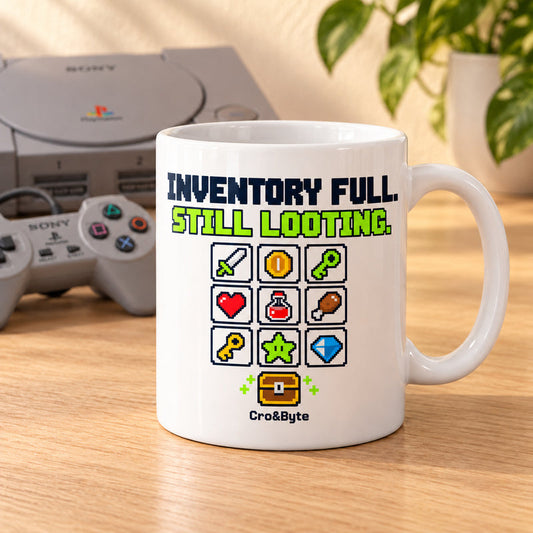 Inventory Full. Still Looting. — Mug — styled product photo with matching original PlayStation console and controller
