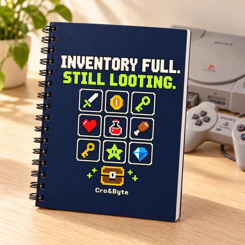 Inventory Full. Still Looting. — Notebook — styled product photo with matching original PlayStation console and controller