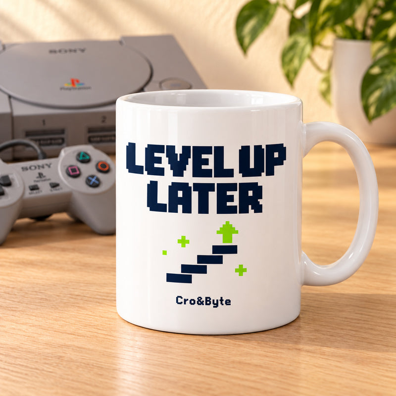 Level Up Later — Mug — styled product photo with matching original PlayStation console and controller