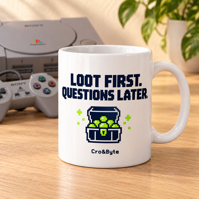 Loot First. Questions Later. — Mug — styled product photo with matching original PlayStation console and controller