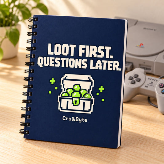 Loot First. Questions Later. — Notebook — styled product photo with matching original PlayStation console and controller