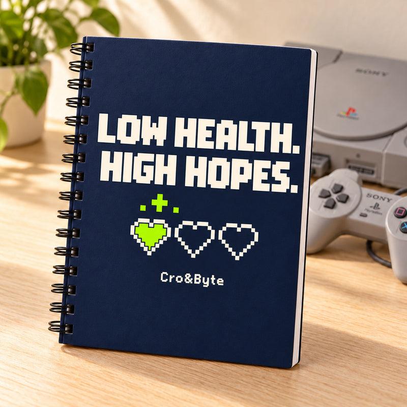 Low Health. High Hopes. — Notebook — styled product photo with matching original PlayStation console and controller