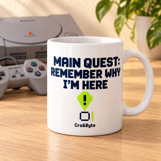 Main Quest: Remember Why I’m Here — Mug — styled product photo with matching original PlayStation console and controller