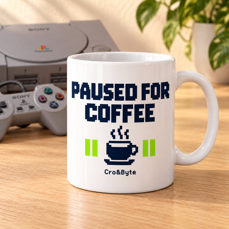Paused for Coffee — Mug — styled product photo with matching original PlayStation console and controller