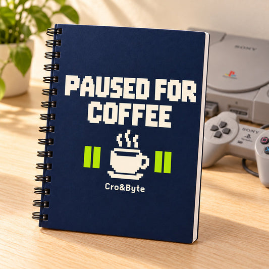 Paused for Coffee — Notebook — styled product photo with matching original PlayStation console and controller