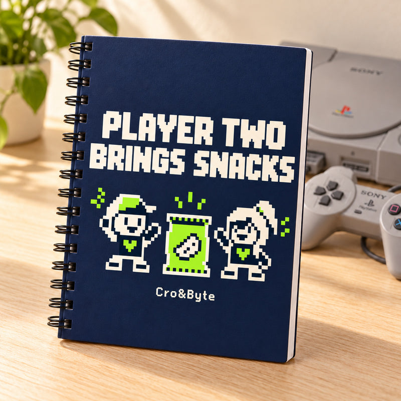 Player Two Brings Snacks — Notebook — styled product photo with matching original PlayStation console and controller