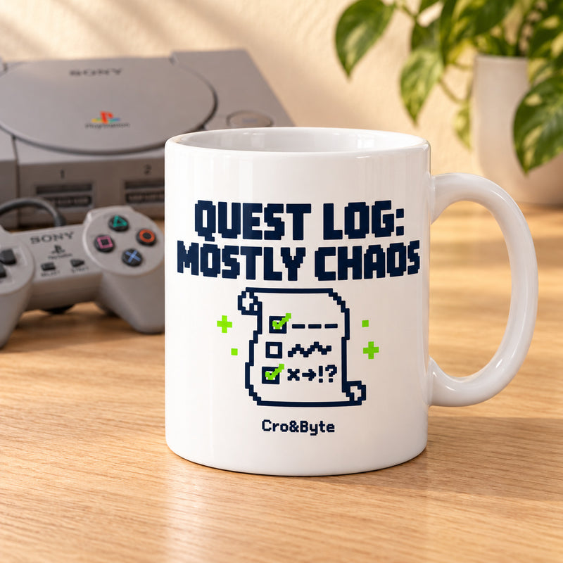 Quest Log: Mostly Chaos — Mug — styled product photo with matching original PlayStation console and controller