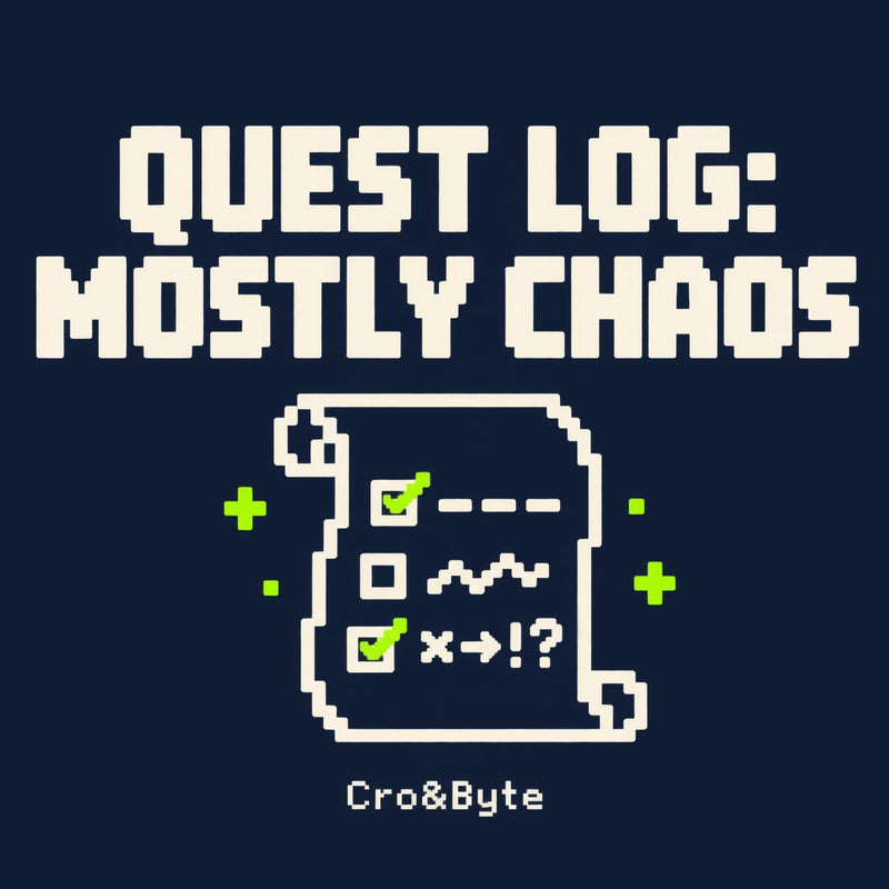 Quest Log Chaos — Navy corrected artwork preview for tote