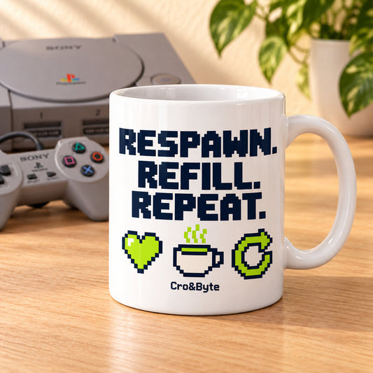 Respawn. Refill. Repeat. — Mug — styled product photo with matching original PlayStation console and controller