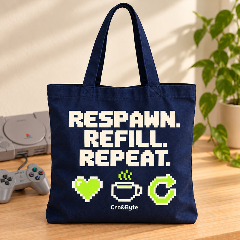 Respawn. Refill. Repeat. — Tote Bag — styled product photo with matching original PlayStation console and controller