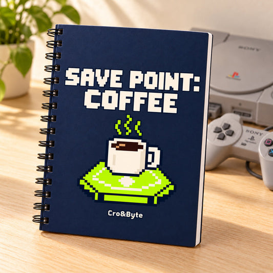 Save Point: Coffee — Notebook — styled product photo with matching original PlayStation console and controller