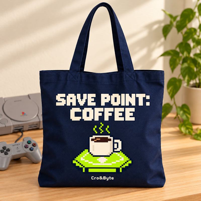 Save Point: Coffee — Tote Bag — styled product photo with matching original PlayStation console and controller