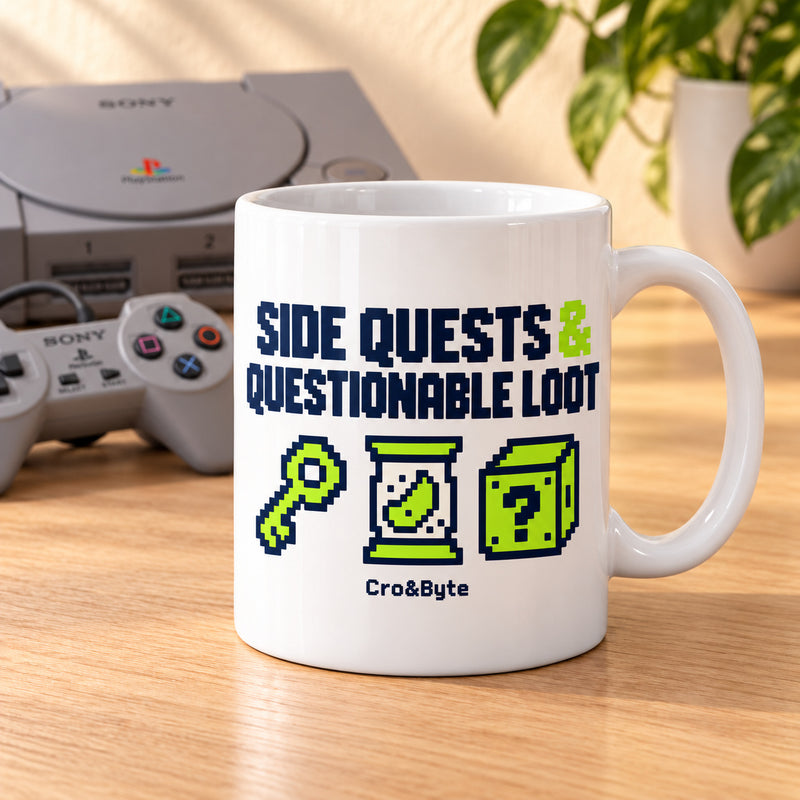 Side Quests & Questionable Loot — Mug — styled product photo with matching original PlayStation console and controller