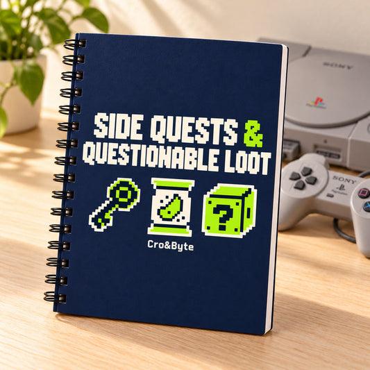 Side Quests & Questionable Loot — Notebook — styled product photo with matching original PlayStation console and controller