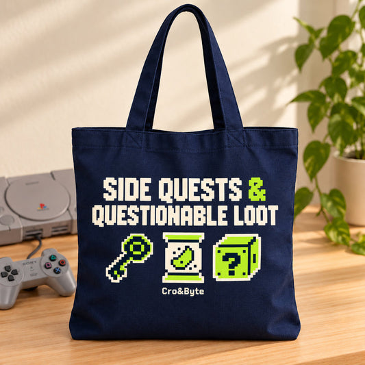 Side Quests & Questionable Loot — Tote Bag — styled product photo with matching original PlayStation console and controller