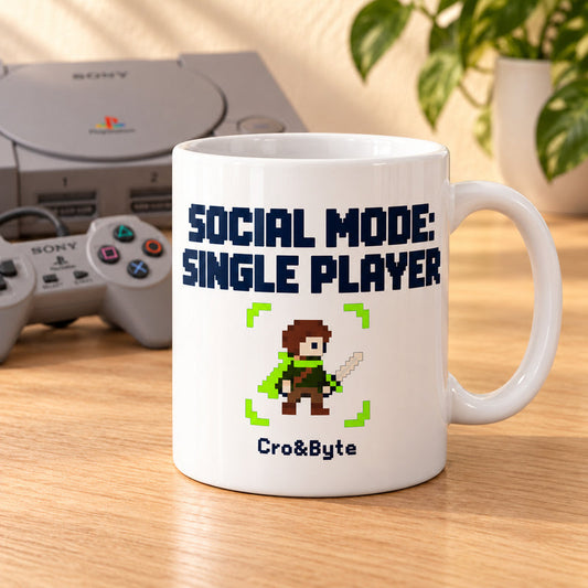 Social Mode: Single Player — Mug — styled product photo with matching original PlayStation console and controller