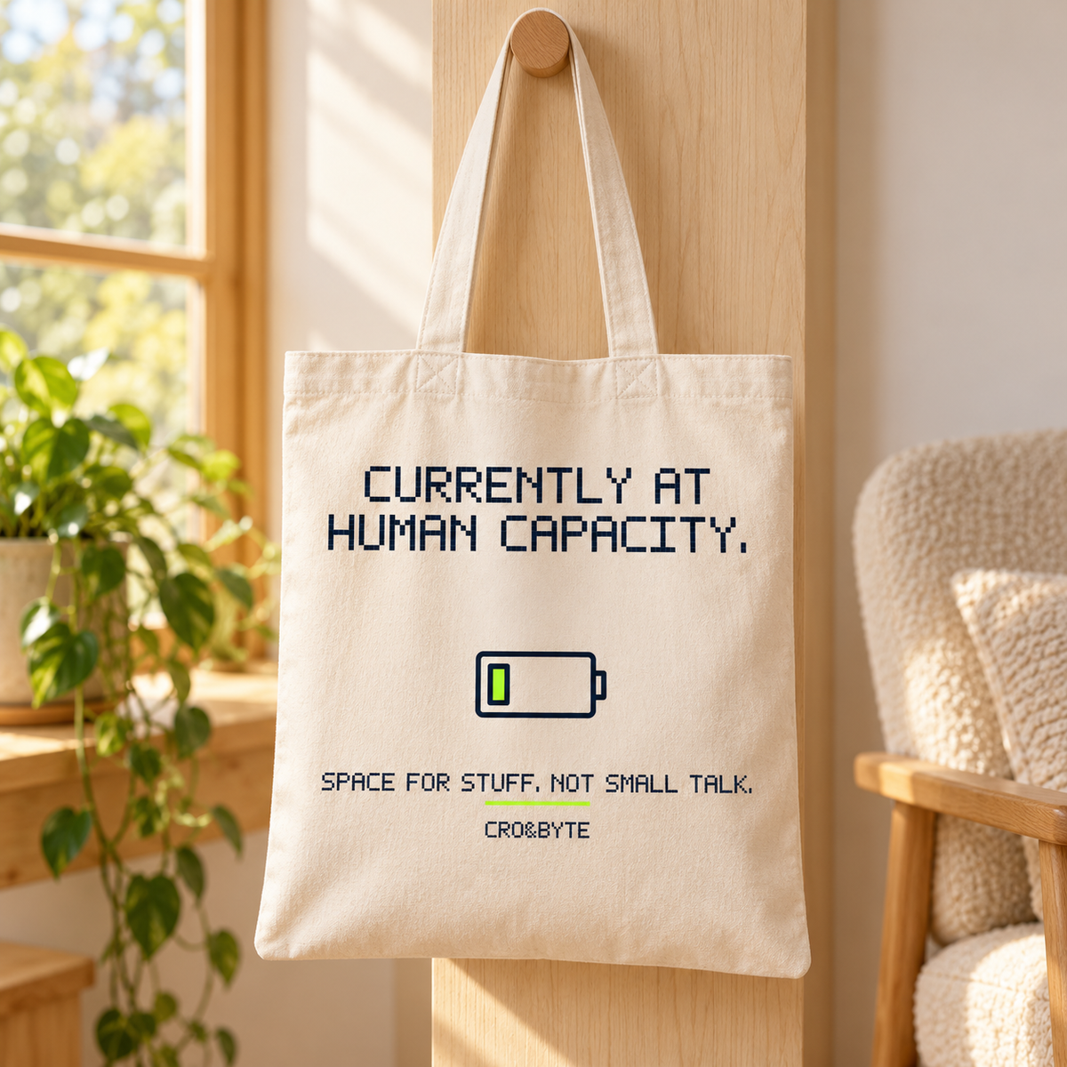 Currently At Human Capacity — Tote Bag — Cream individual lifestyle photo