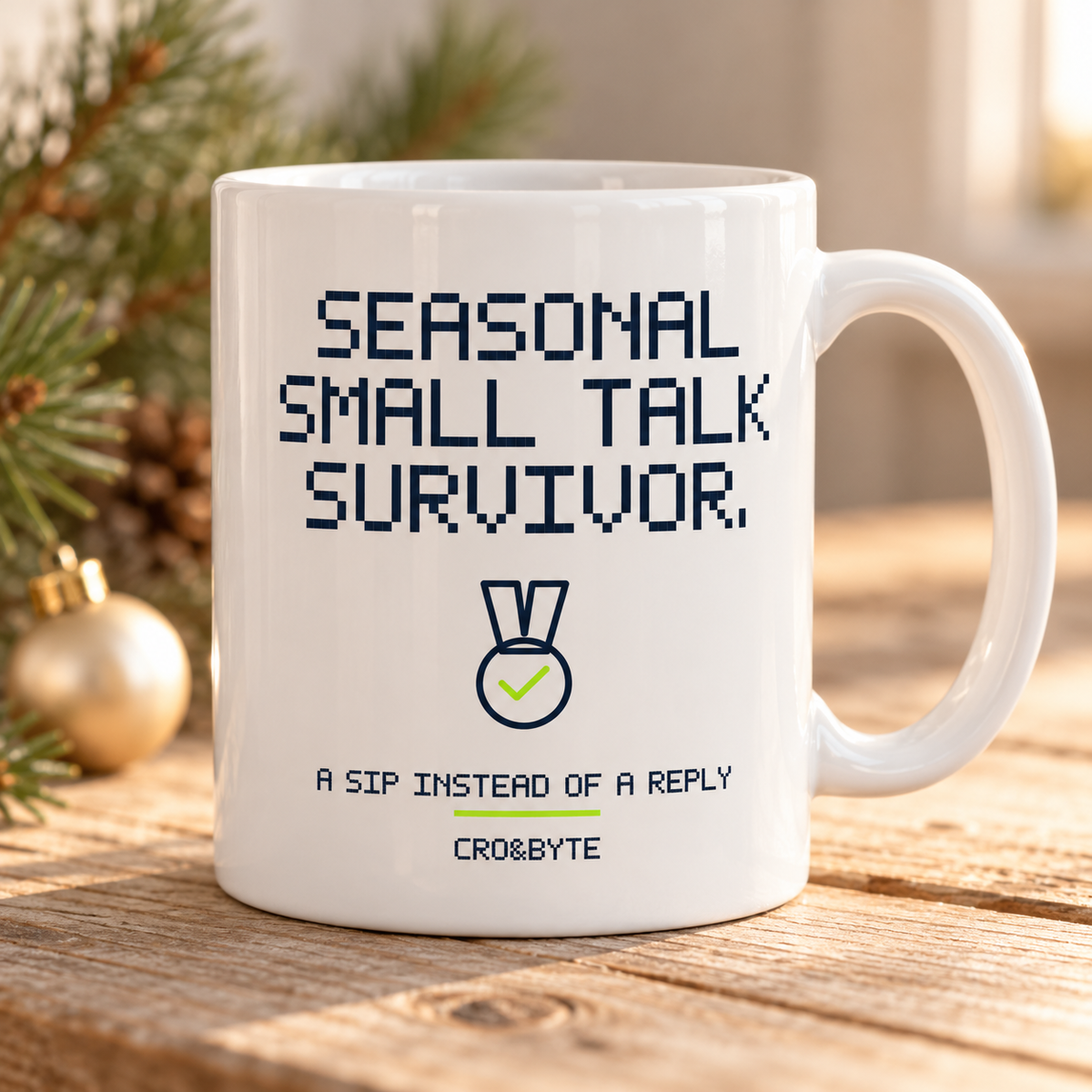 Seasonal Small Talk Survivor — Mug — White individual lifestyle product image