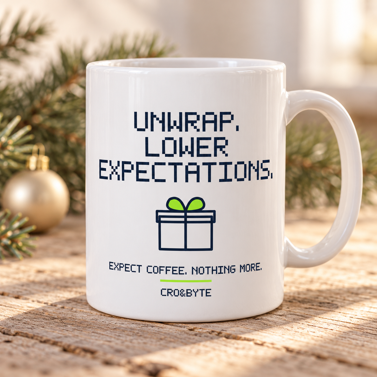 Unwrap Lower Expectations — Mug — White individual lifestyle product image